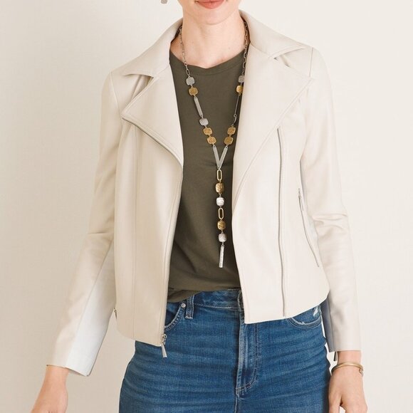 Chico's Cream Faux Leather Moto Jacket 1 6 8 10 Medium Biker Vegan - Picture 2 of 13